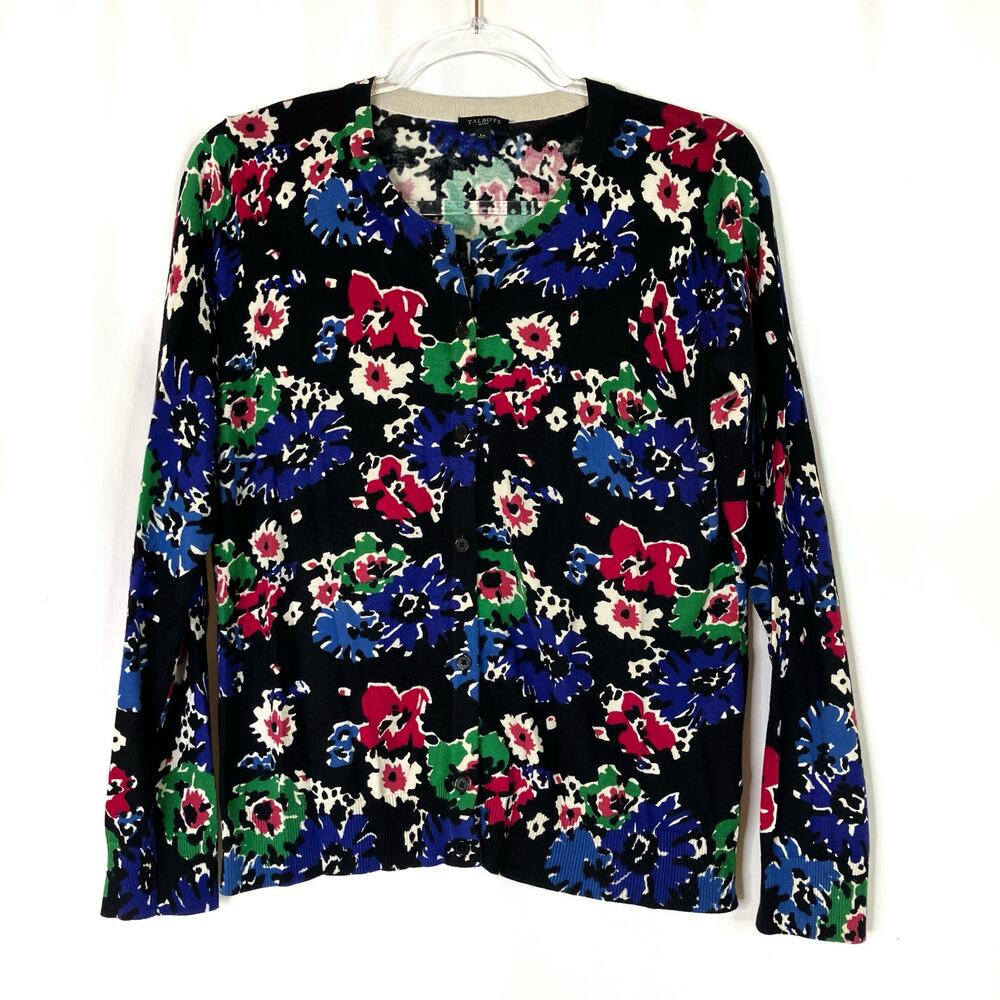 Talbots Floral Black Cardigan Sweater Button Front Cotton Blend Womens L PETITE